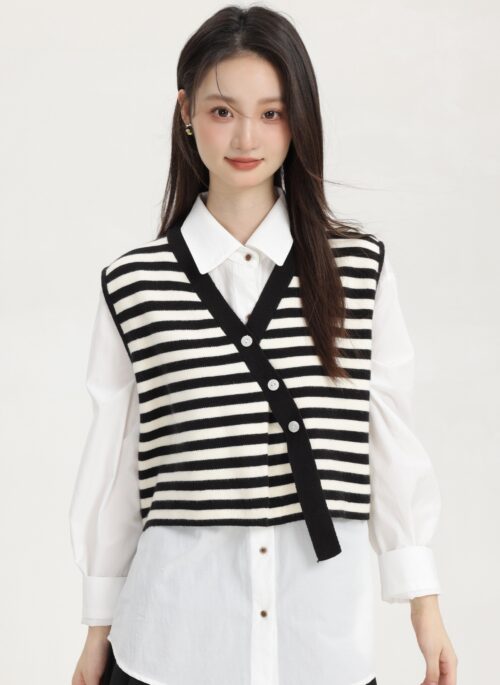 Black Stripe Knitted Vest With Asymmetrical Buttons