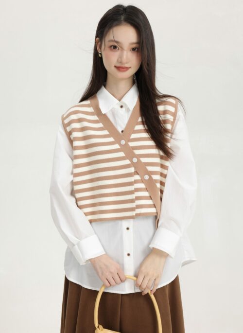 Khaki Stripe Knitted Vest With Asymmetrical Buttons