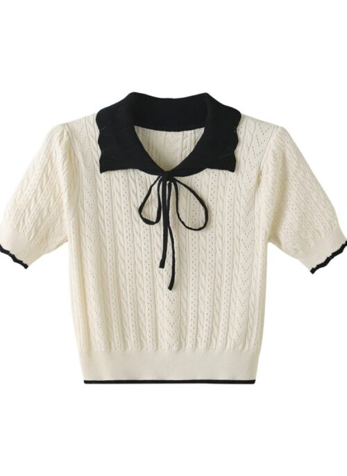 White Doll Collar Knitted Polo Shirt | Karina - Aespa