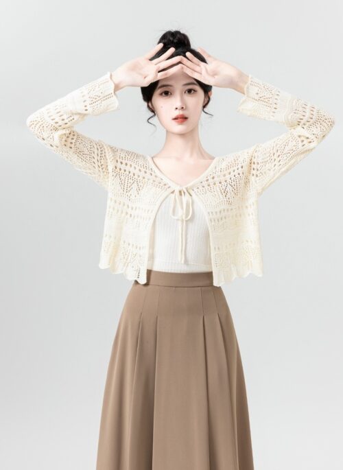 Beige Hollow Knit Tie Cardigan | Joy - Red Velvet