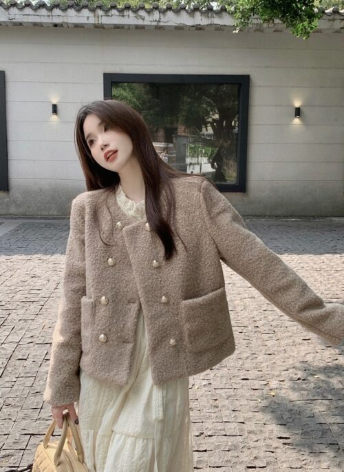 Beige Plush Double-Breasted Blazer Jacket | Son Hae Yeong - No Love No Gain