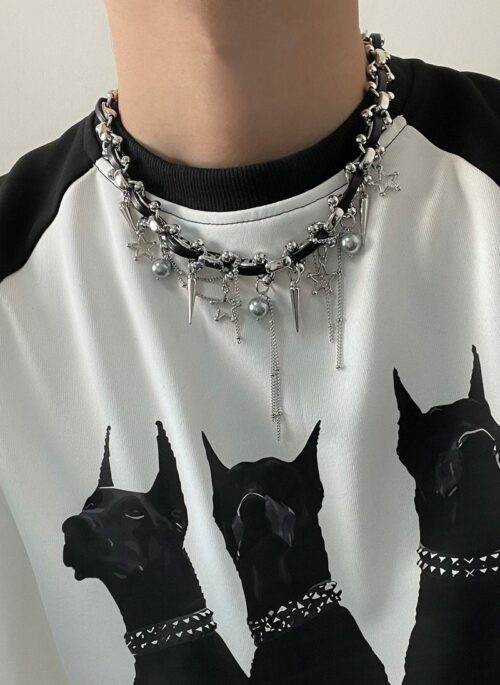 Black Edgy Spikes And Stars Necklace | Karina - Aespa