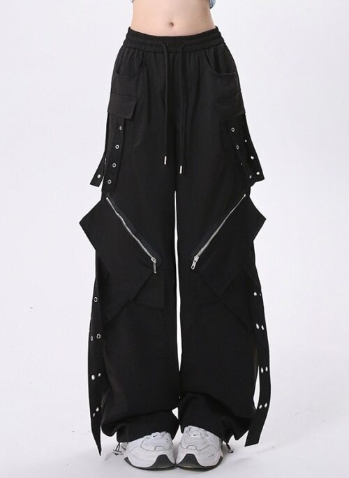 Black Slant Zipper Cargo Pocket Pants | Ningning - Aespa