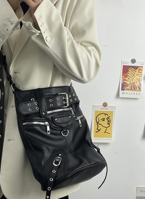 Black Studded Belt Accent Shoulder Bag | Wooyoung - ATEEZ