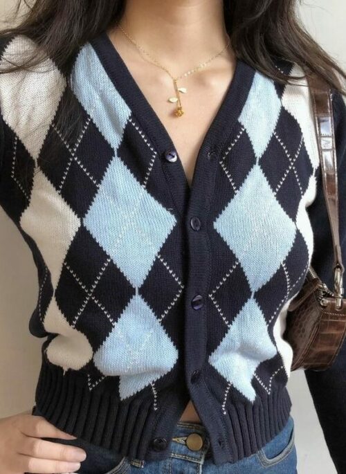 Blue Argyle V-Neck Cardigan | Sumin - STAYC