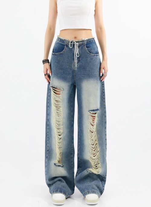 Blue Ripped Drawstring Jeans | Sumin - STAYC