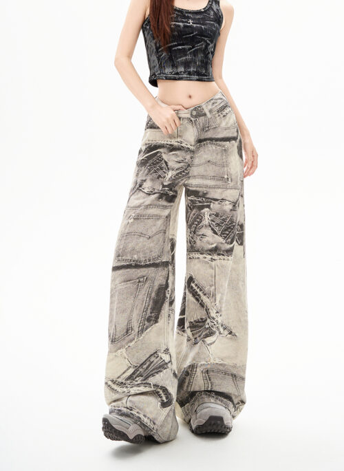 Grey Patchwork Print Wide-Leg Jeans | San - ATEEZ