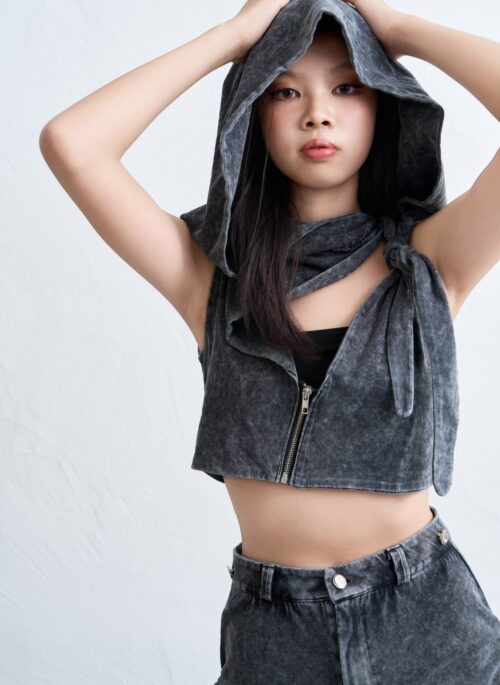 Grey Washed Denim Hooded Crop Top  | Winter - Aespa