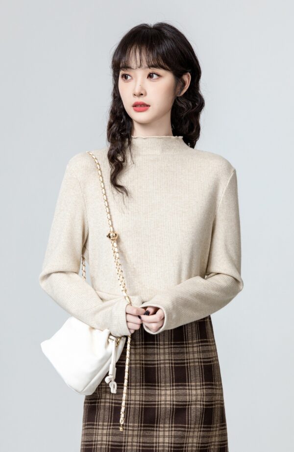 Beige Plain Knit Long Sleeve Basic Top - Image 2