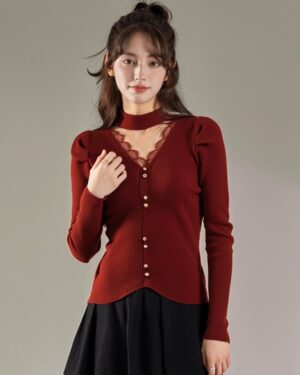 Red V-Neck Lace Lined Slim Knit Top