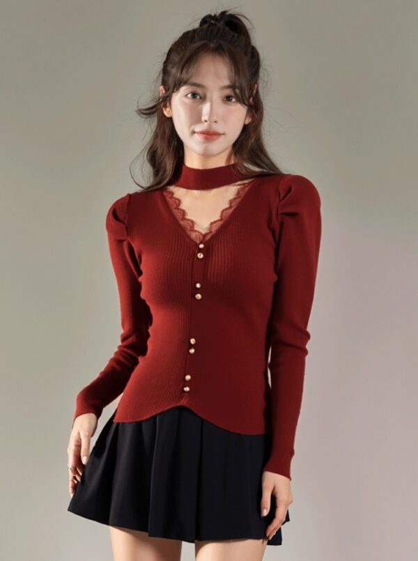 Red V-Neck Lace Lined Slim Knit Top - Image 2