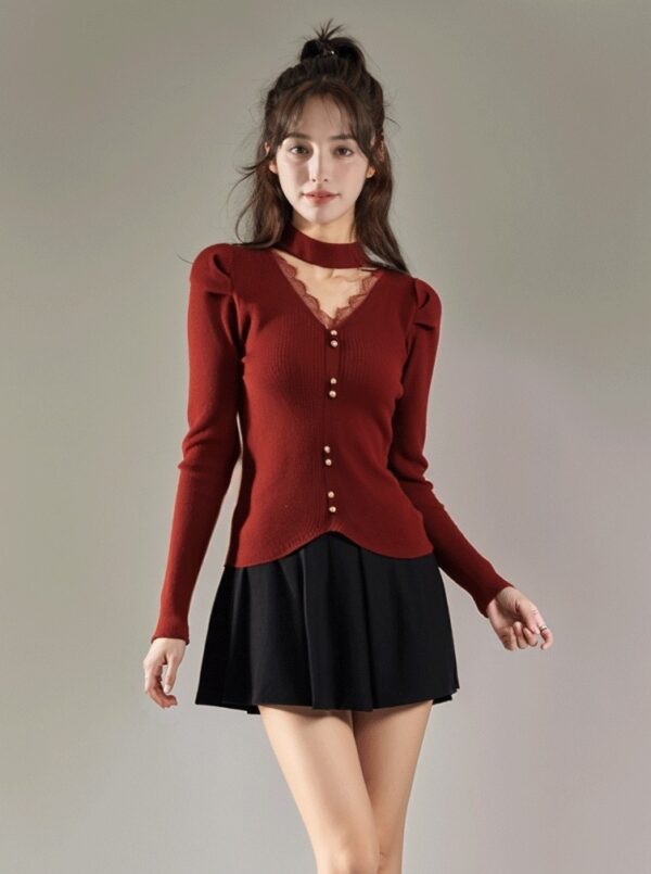 Red V-Neck Lace Lined Slim Knit Top - Image 3