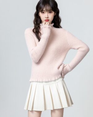 Pink Ruffled High Neck Sweater Top