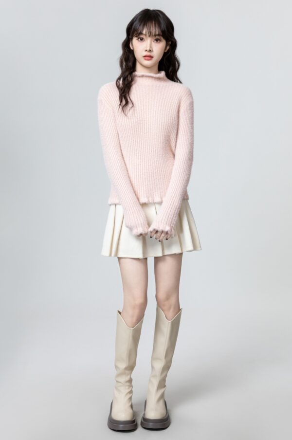 Pink Ruffled High Neck Sweater Top - Image 4