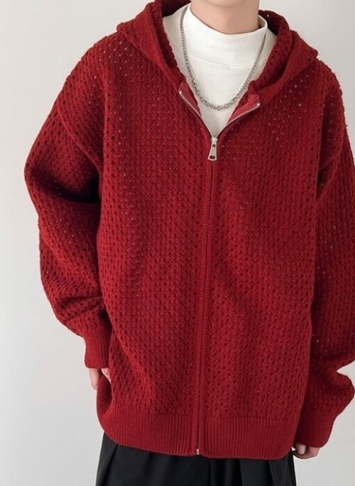 Red Hallow Knit Hooded Jacket | LeeKnow – Stray Kids