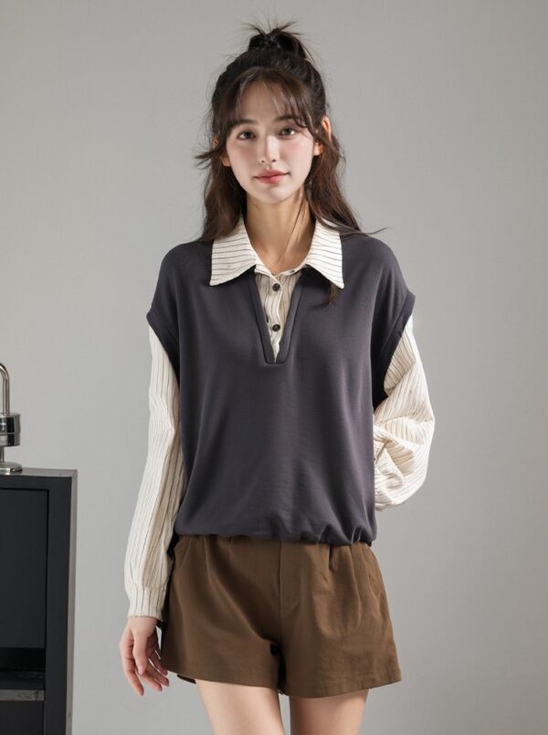 Striped Long Sleeve Fake Two-Piece Vintage Top - Image 3