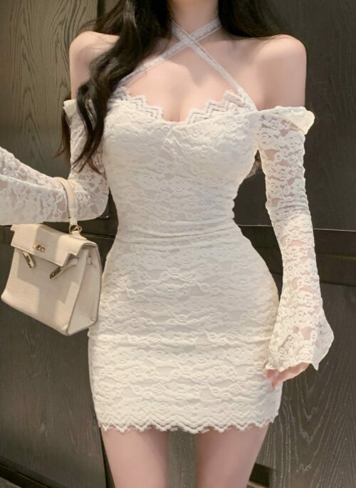 White Criss-Cross Lace Bodycon Dress | Joy - Red Velvet