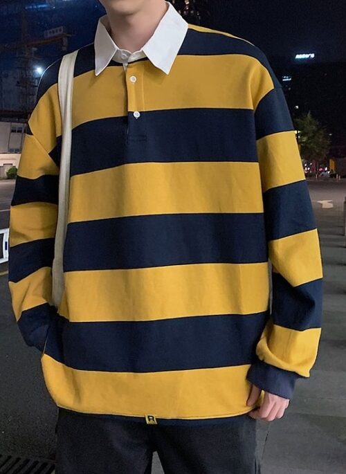 Yellow And Blue Stripes Collared Sweatshirt | Seeun - STAYC