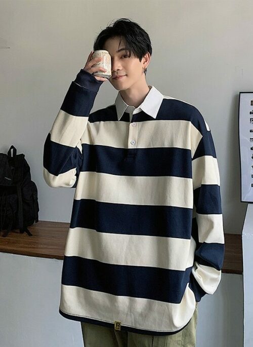 Blue And White Stripes Long Sleeves Polo Shirt |  Kang Hae Jun - Family By Choice