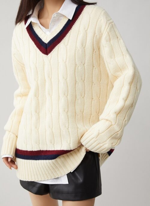 Beige Contrast-Trim V-Neck Sweater | Jin - BTS