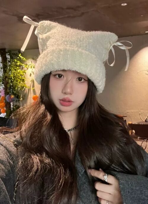 Beige Coquette Lace Cat Ears Beanie | Sana - Twice