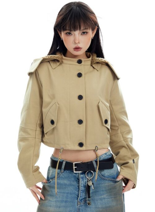 Beige Cropped Button-Up Hooded Jacket | Jake - Enhypen