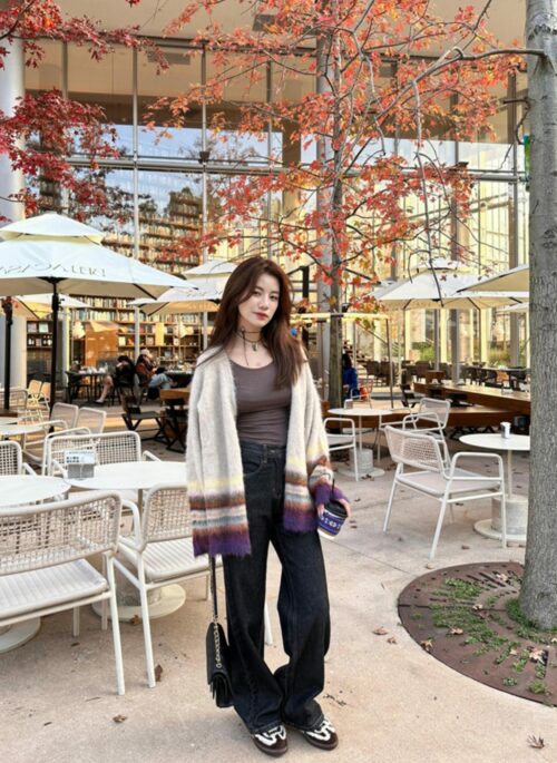 Beige Mohair Colorful Stripes Cardigan | Jin – BTS