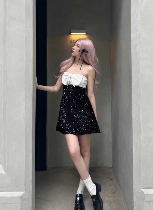 Black And White Sparkly Mini Dress | Rose - BlackPink