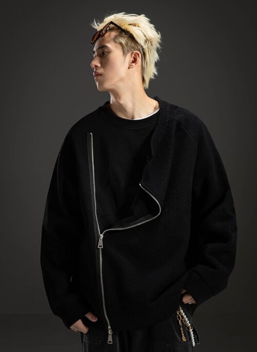 Black Asymmetrical Zip-Up Sweater | Mingi - ATEEZ