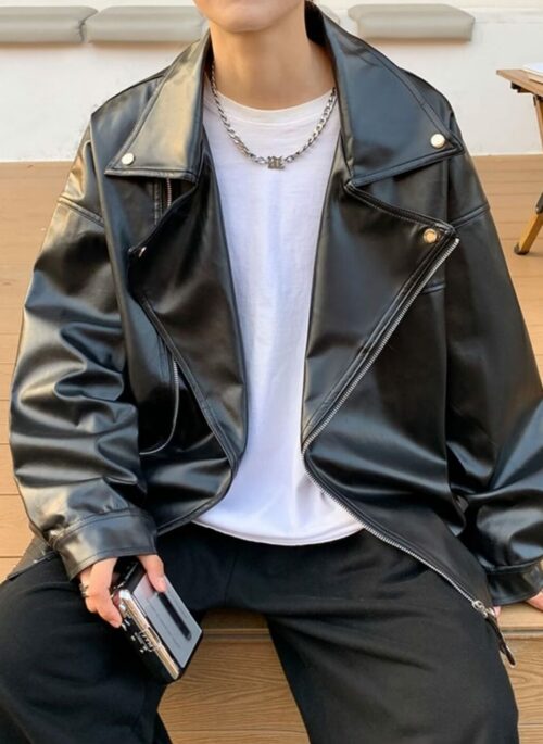 Black Classic Faux Leather Biker Jacket | Bangchan - Stray Kids