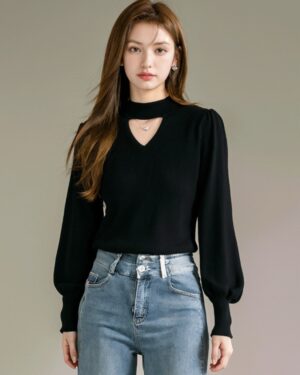 Black Knit High Neck Top Winter Chic Hollow Out Slim Fit Innerwear