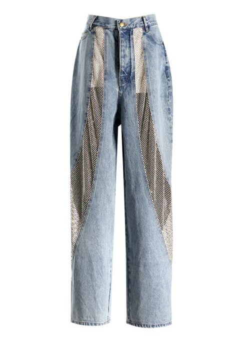 Blue Denim Mesh Panel Wide-Leg Jeans | Mina - Twice