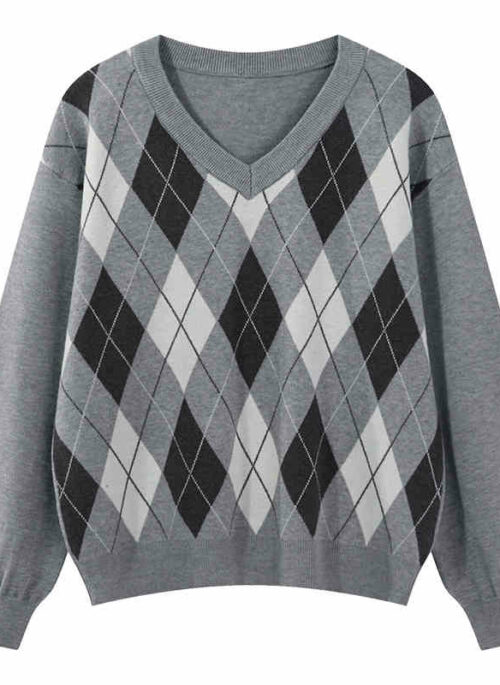 Grey Argyle V-Neck Knit Sweater | Jeno - NCT