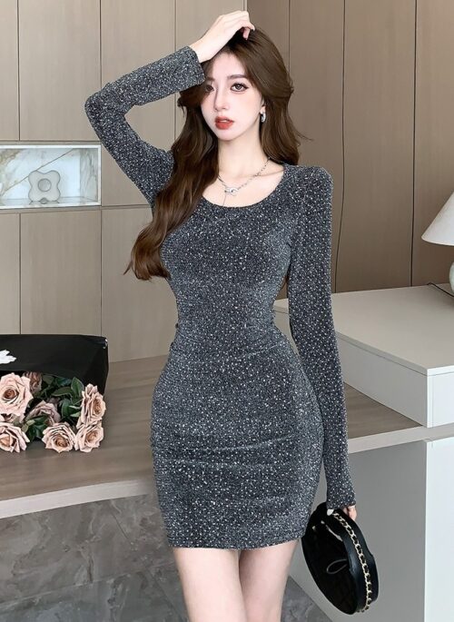 Grey Diamond Embezzled Long Sleeves Dress | Dahyun - Twice