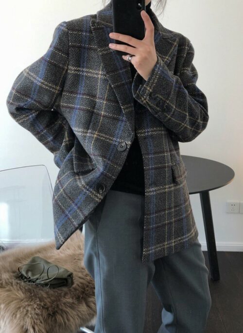 Grey Plaid Woolen Blazer Jacket | Hongjoong - ATEEZ