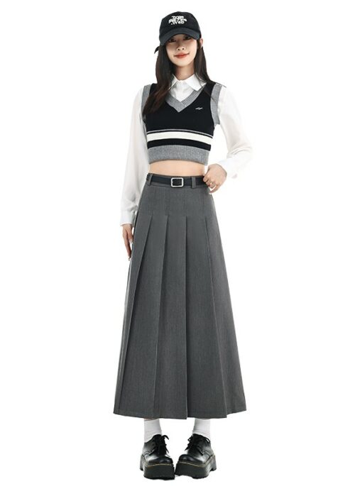 Grey Pleated Long Skirt | Yoon - STAYC