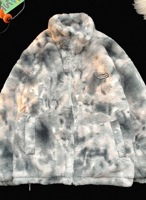 Grey Tie-Dye Plush Winter Jacket | Jake - Enhypen