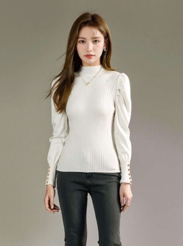 High Neck Knitted Sweater Top With Semi Puff Sleeves - Image 2