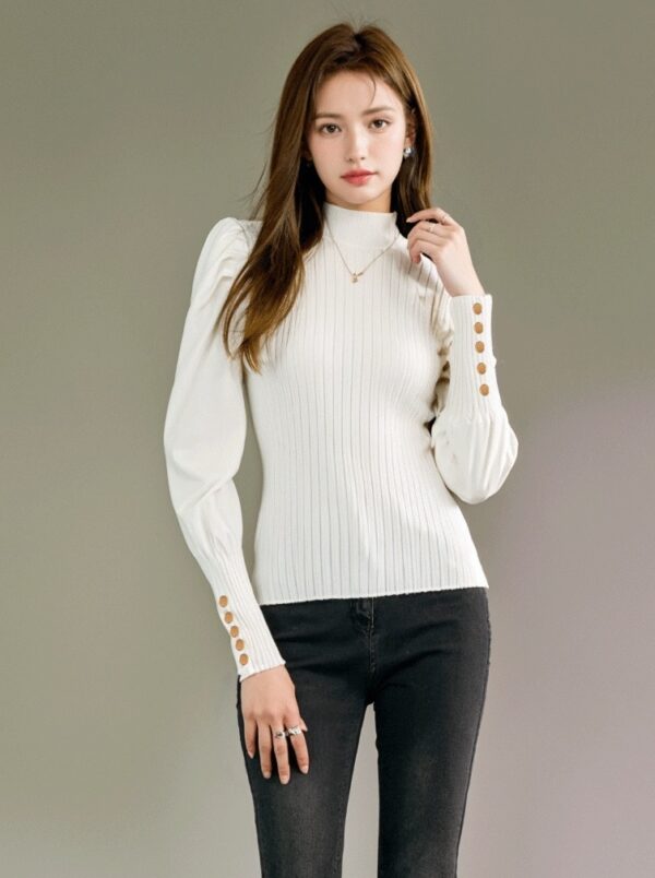 High Neck Knitted Sweater Top With Semi Puff Sleeves - Image 3