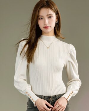 High Neck Knitted Sweater Top With Semi Puff Sleeves