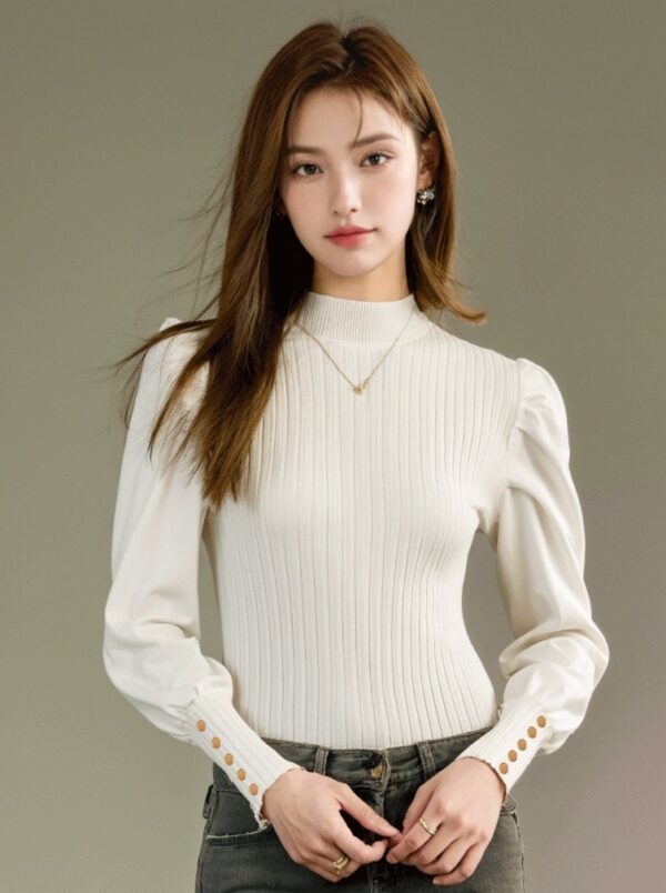 High Neck Knitted Sweater Top With Semi Puff Sleeves