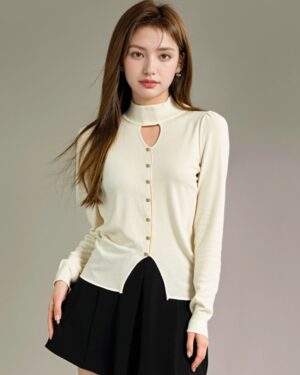 Apricot Hollow High Neck Sweater With Front Slit