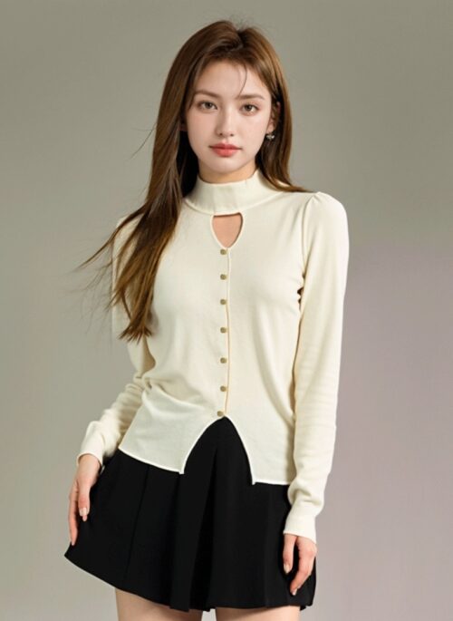 Apricot Hollow High Neck Sweater With Front Slit