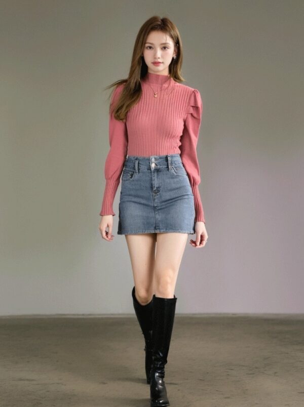 Pink High Neck Knitted Sweater Top With Semi Puff Sleeves - Image 2