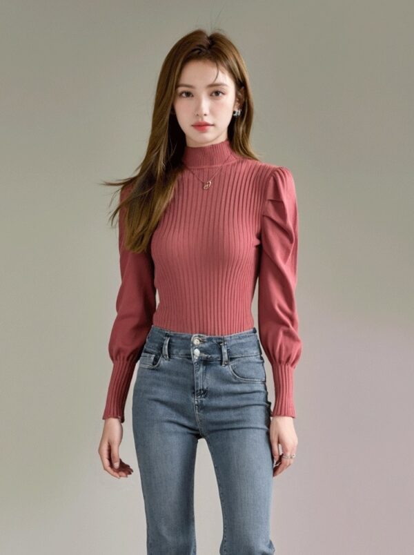 Pink High Neck Knitted Sweater Top With Semi Puff Sleeves - Image 3