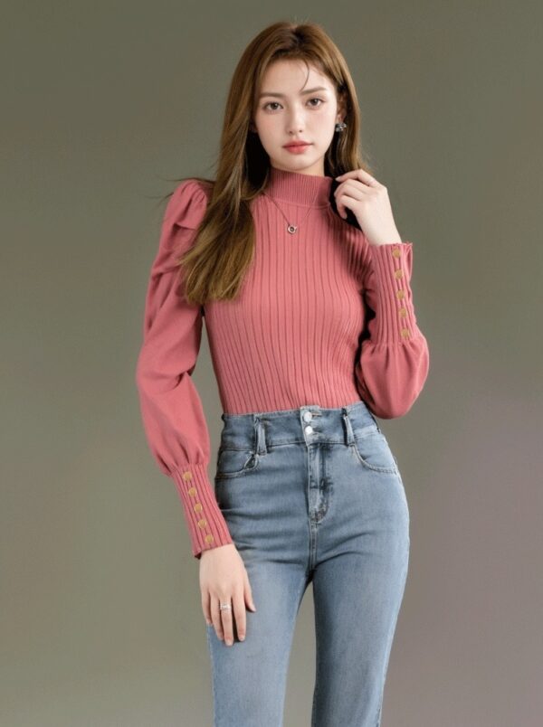 Pink High Neck Knitted Sweater Top With Semi Puff Sleeves - Image 4