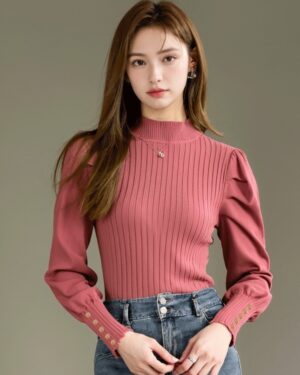 Pink High Neck Knitted Sweater Top With Semi Puff Sleeves