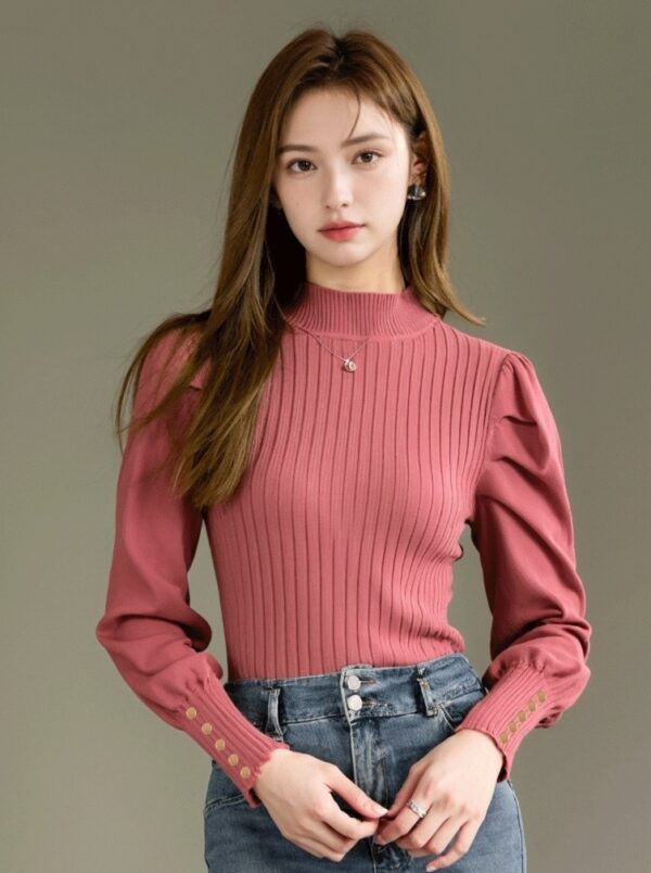 Pink High Neck Knitted Sweater Top With Semi Puff Sleeves