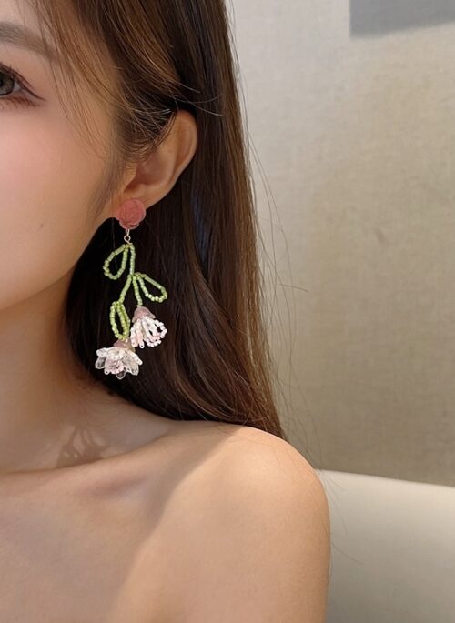 Pink And Green Beaded Flower Dangling Earrings | Irene - Red Velvet