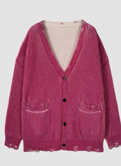 Pink Distressed Ribbed Cardigan | Jin - BTS